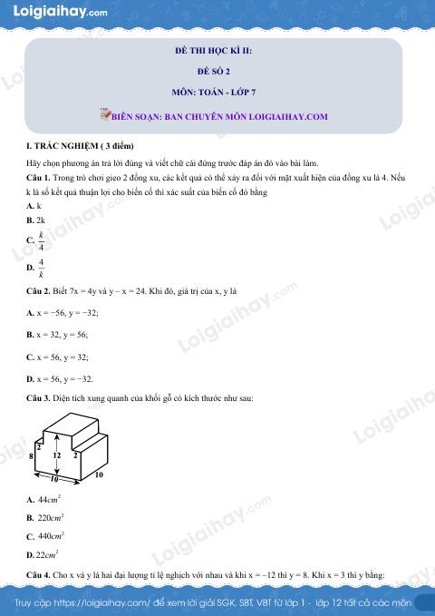 Đề thi học kì 2 Toán 7 - Đề số 2 - Cánh diều